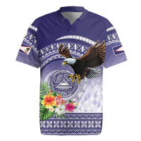 American Samoa Bald Eagle Rugby Jersey Polynesian Tropical Flowers LT9 Blue - Polynesian Pride