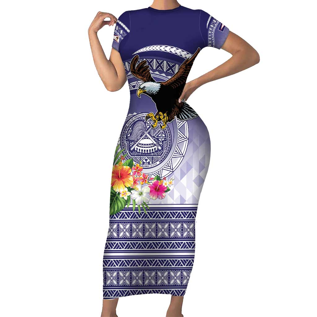 American Samoa Bald Eagle Short Sleeve Bodycon Dress Polynesian Tropical Flowers