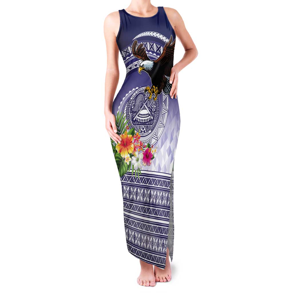 American Samoa Bald Eagle Tank Maxi Dress Polynesian Tropical Flowers