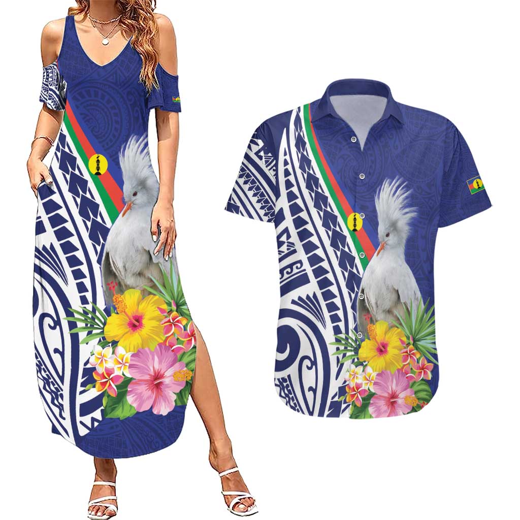 New Caledonia Kagu Bird Couples Matching Summer Maxi Dress and Hawaiian Shirt Polynesian Tropical Flowers