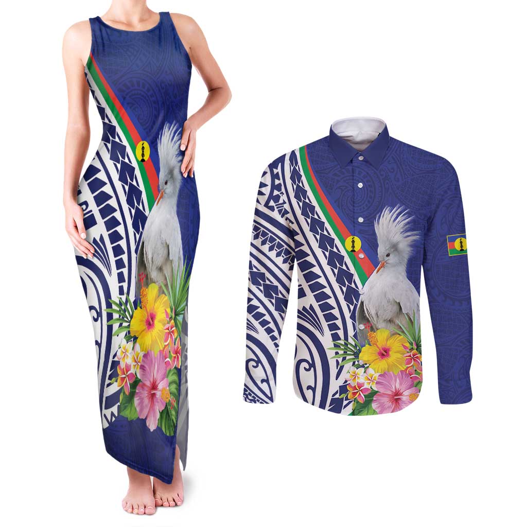 New Caledonia Kagu Bird Couples Matching Tank Maxi Dress and Long Sleeve Button Shirt Polynesian Tropical Flowers