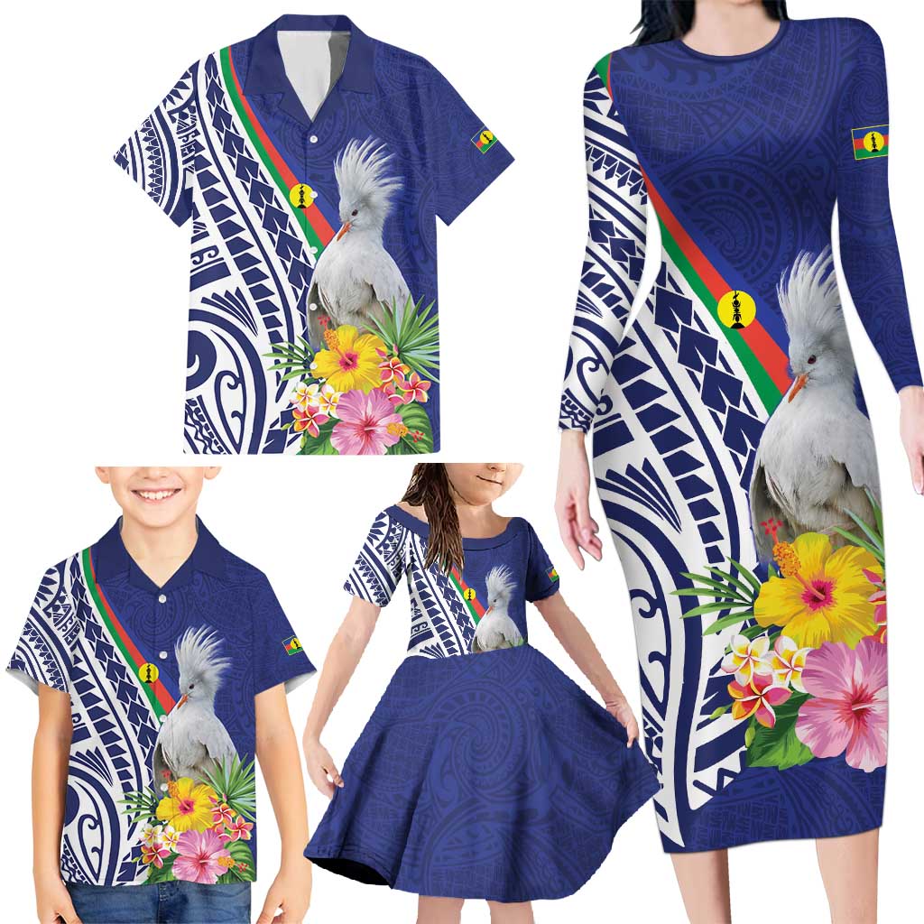 New Caledonia Kagu Bird Family Matching Long Sleeve Bodycon Dress and Hawaiian Shirt Polynesian Tropical Flowers