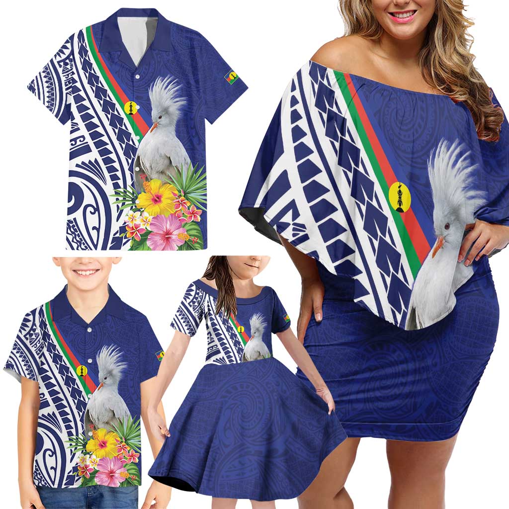 New Caledonia Kagu Bird Family Matching Off Shoulder Short Dress and Hawaiian Shirt Polynesian Tropical Flowers