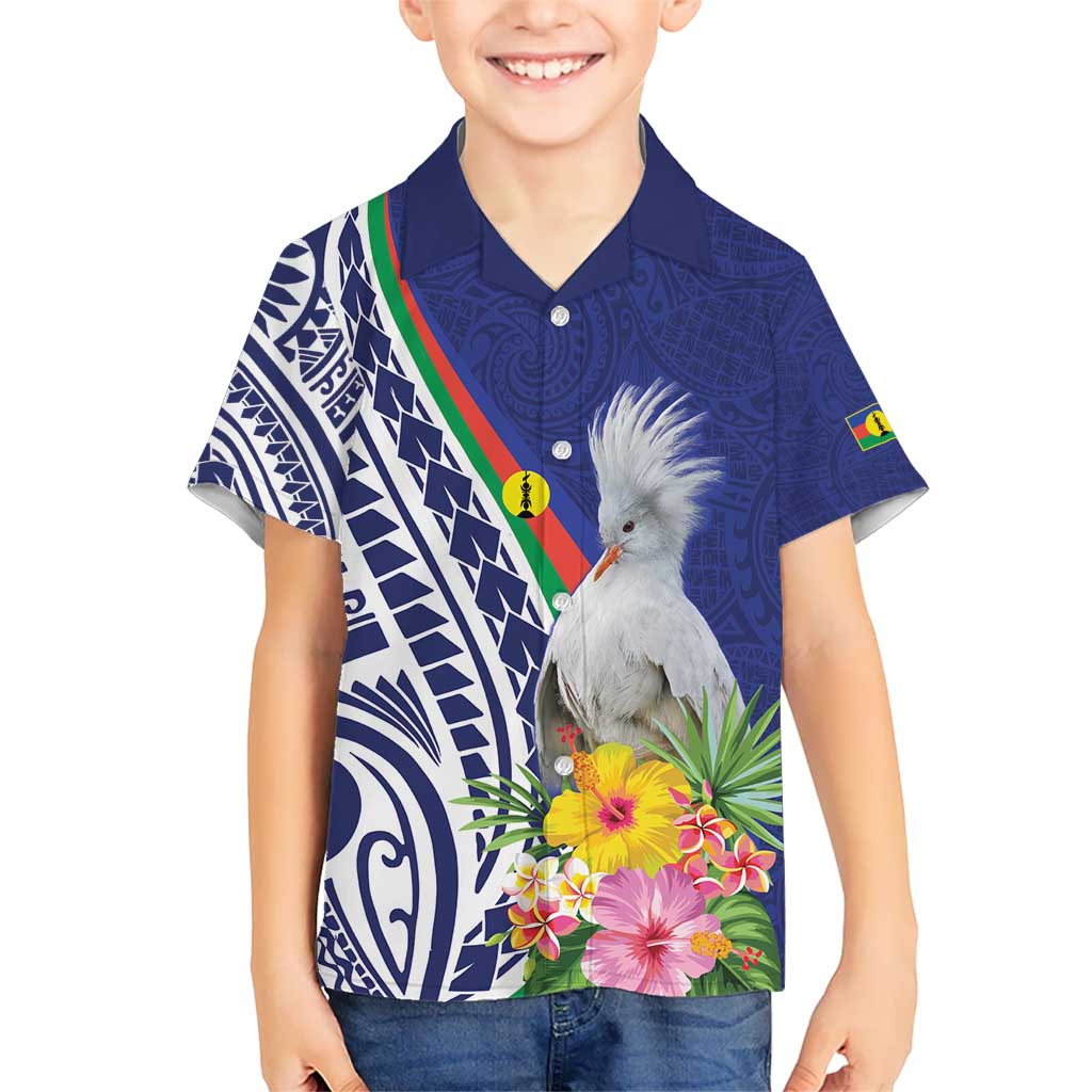 New Caledonia Kagu Bird Kid Hawaiian Shirt Polynesian Tropical Flowers