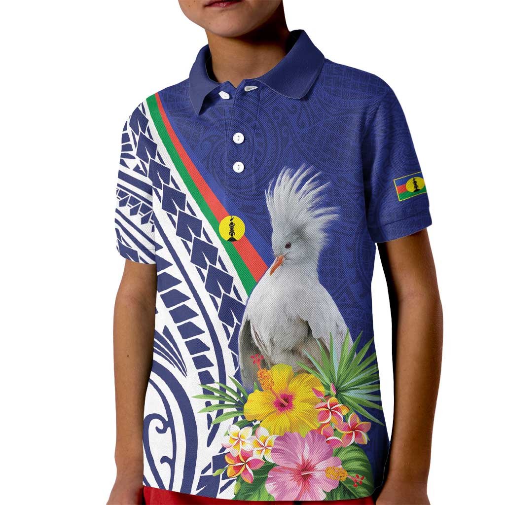 New Caledonia Kagu Bird Kid Polo Shirt Polynesian Tropical Flowers