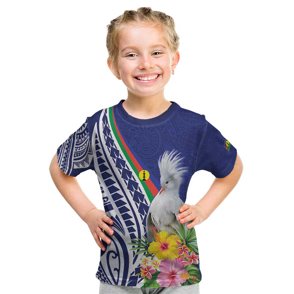 New Caledonia Kagu Bird Kid T Shirt Polynesian Tropical Flowers