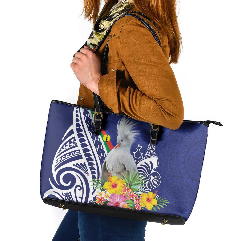 New Caledonia Kagu Bird Leather Tote Bag Polynesian Tropical Flowers LT9 Blue - Polynesian Pride