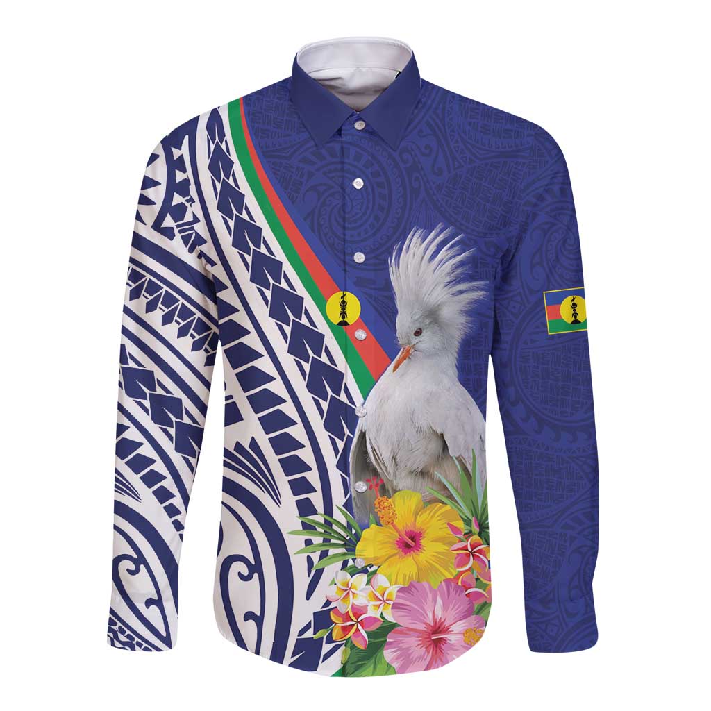 New Caledonia Kagu Bird Long Sleeve Button Shirt Polynesian Tropical Flowers