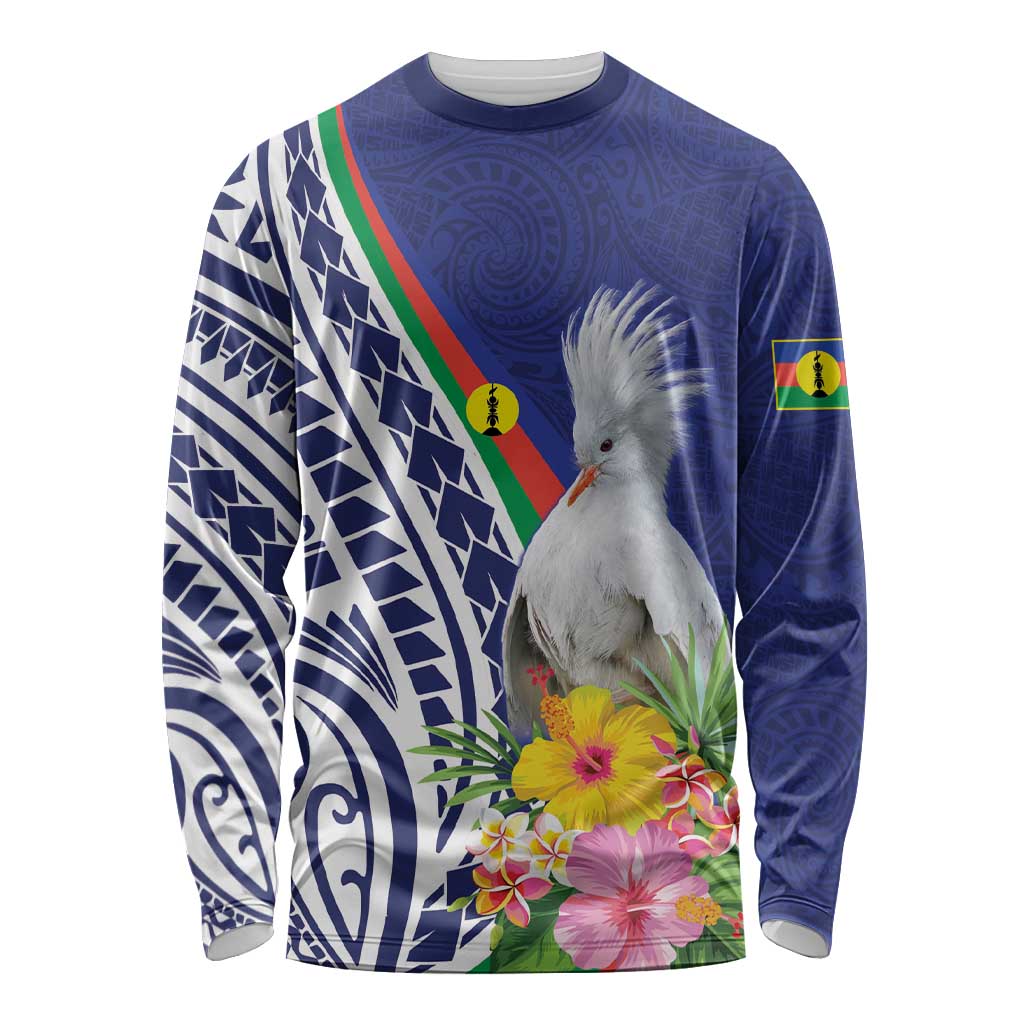 New Caledonia Kagu Bird Long Sleeve Shirt Polynesian Tropical Flowers