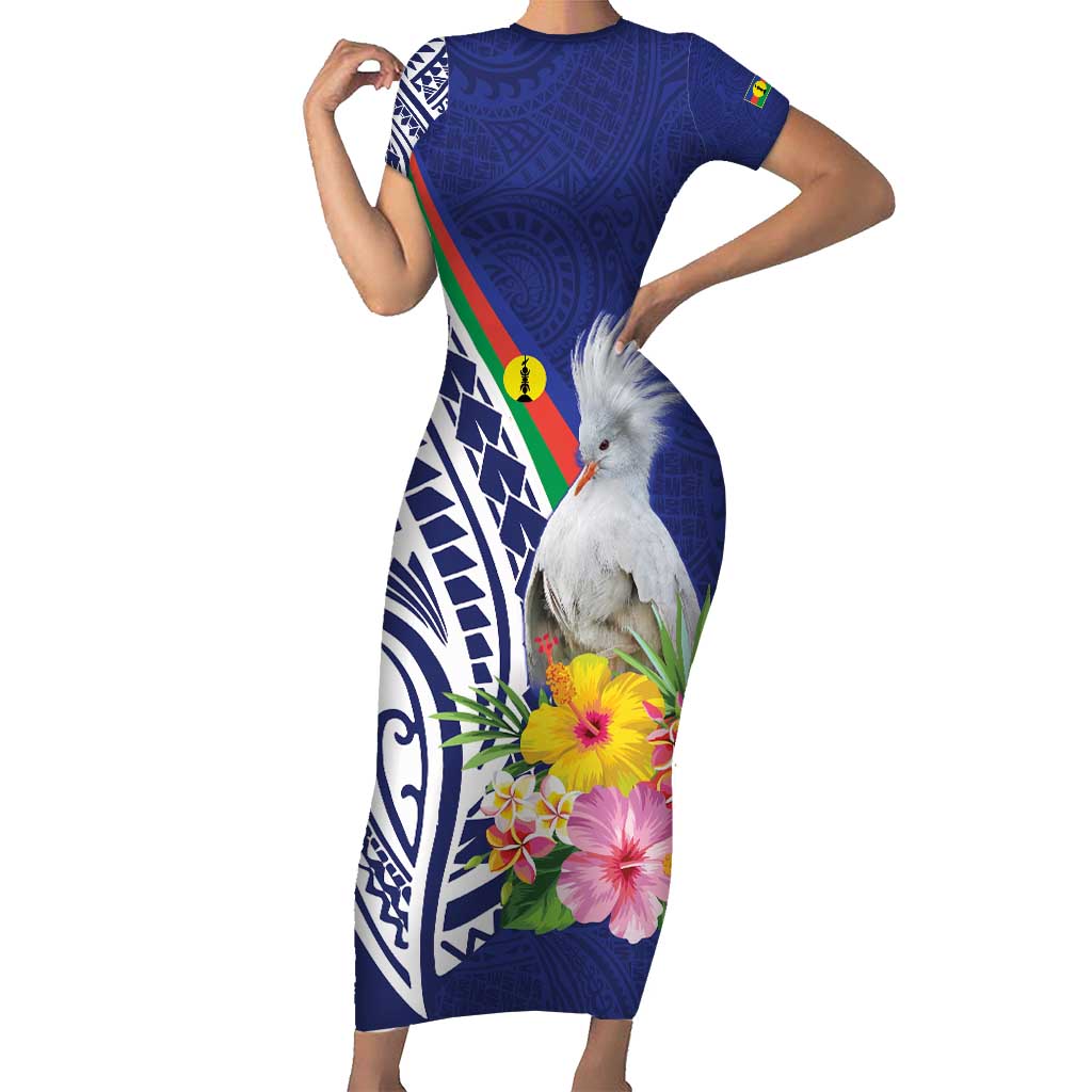 New Caledonia Kagu Bird Short Sleeve Bodycon Dress Polynesian Tropical Flowers LT9 Long Dress Blue - Polynesian Pride