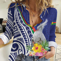 New Caledonia Kagu Bird Women Casual Shirt Polynesian Tropical Flowers LT9 Female Blue - Polynesian Pride