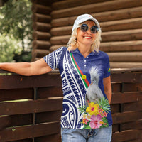 New Caledonia Kagu Bird Women Polo Shirt Polynesian Tropical Flowers
