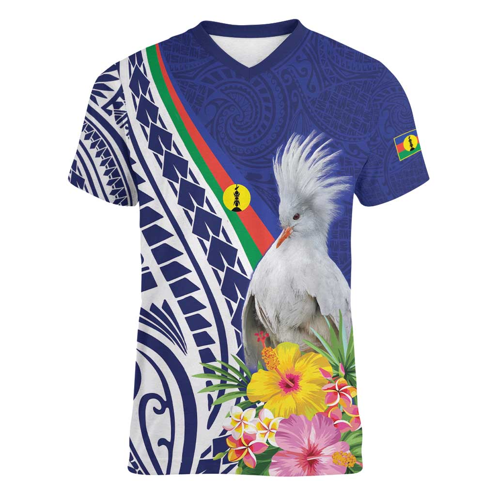 New Caledonia Kagu Bird Women V-Neck T-Shirt Polynesian Tropical Flowers LT9 Female Blue - Polynesian Pride