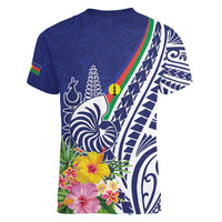 New Caledonia Kagu Bird Women V-Neck T-Shirt Polynesian Tropical Flowers LT9 - Polynesian Pride
