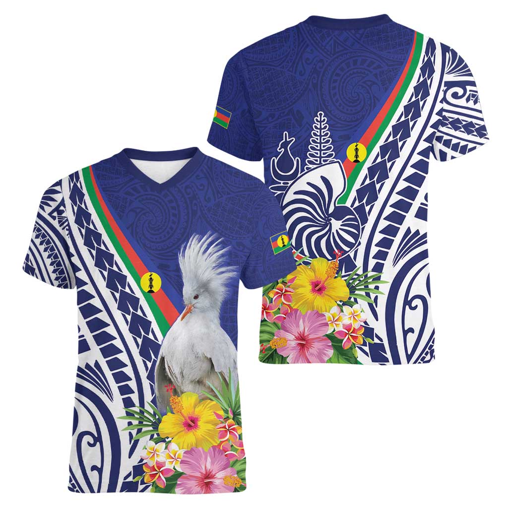New Caledonia Kagu Bird Women V-Neck T-Shirt Polynesian Tropical Flowers LT9 - Polynesian Pride