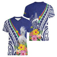 New Caledonia Kagu Bird Women V-Neck T-Shirt Polynesian Tropical Flowers LT9 - Polynesian Pride