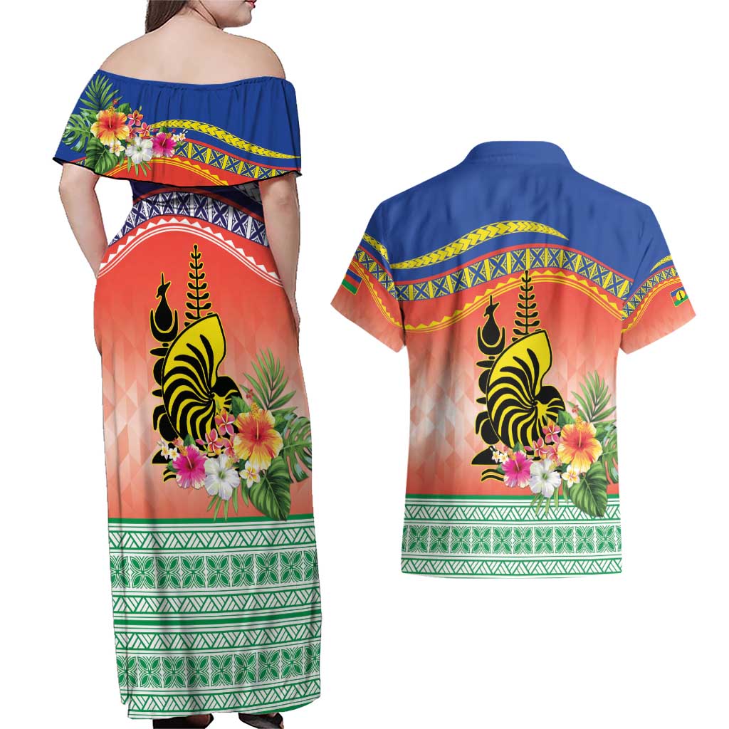 New Caledonia Nautilus Shell Couples Matching Off Shoulder Maxi Dress and Hawaiian Shirt Polynesian Tropical Flowers LT9 - Polynesian Pride