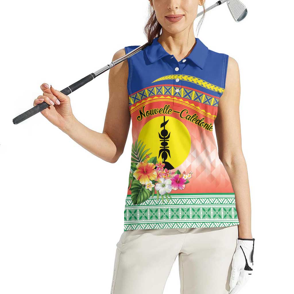 New Caledonia Nautilus Shell Women Sleeveless Polo Shirt Polynesian Tropical Flowers