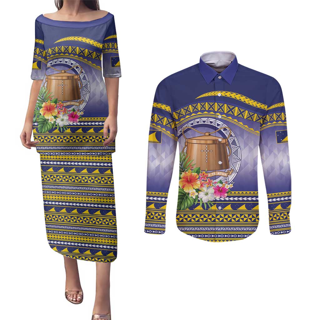 Tokelau Tuluma Couples Matching Puletasi and Long Sleeve Button Shirt Polynesian Tropical Flowers