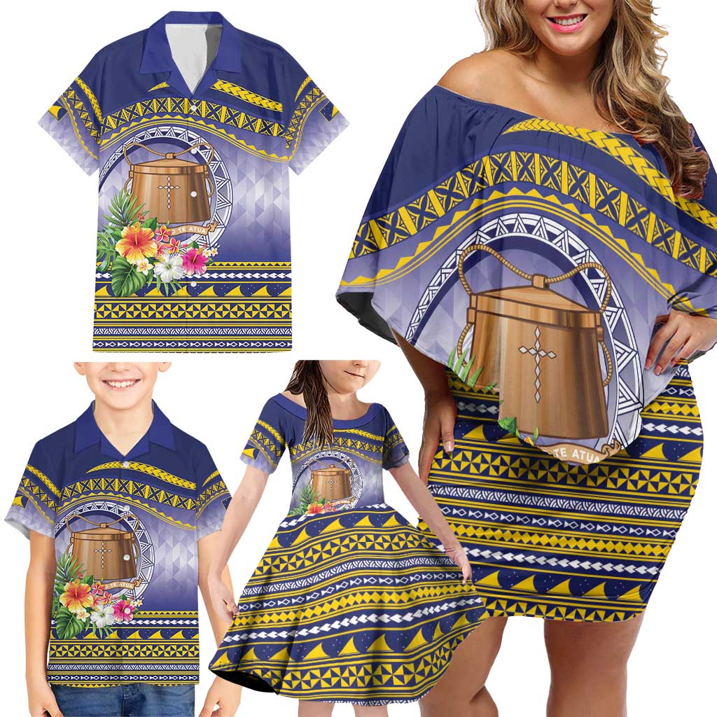 Tokelau Tuluma Family Matching Off Shoulder Short Dress and Hawaiian Shirt Polynesian Tropical Flowers