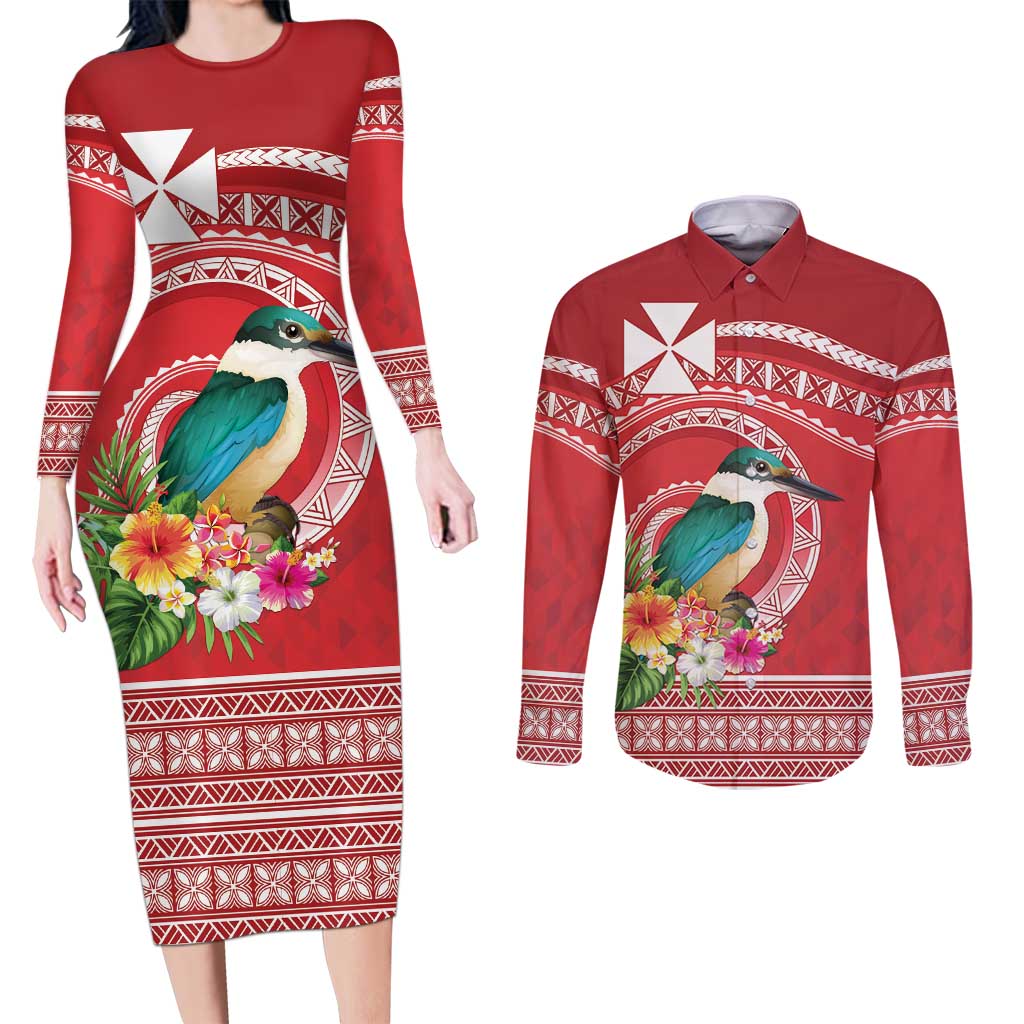 Wallis et Futuna Kingfisher Couples Matching Long Sleeve Bodycon Dress and Long Sleeve Button Shirt Polynesian Tropical Flowers