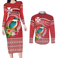 Wallis et Futuna Kingfisher Couples Matching Long Sleeve Bodycon Dress and Long Sleeve Button Shirt Polynesian Tropical Flowers