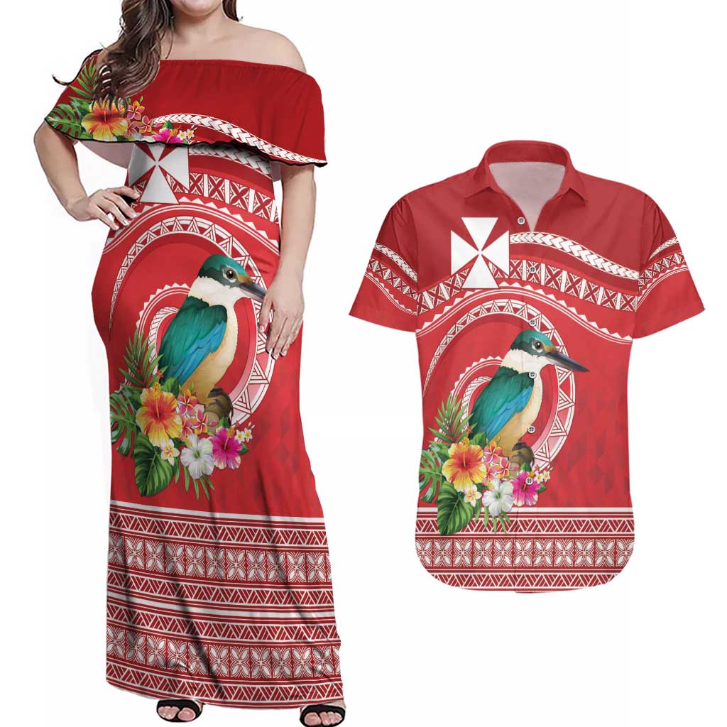Wallis et Futuna Kingfisher Couples Matching Off Shoulder Maxi Dress and Hawaiian Shirt Polynesian Tropical Flowers LT9 Red - Polynesian Pride
