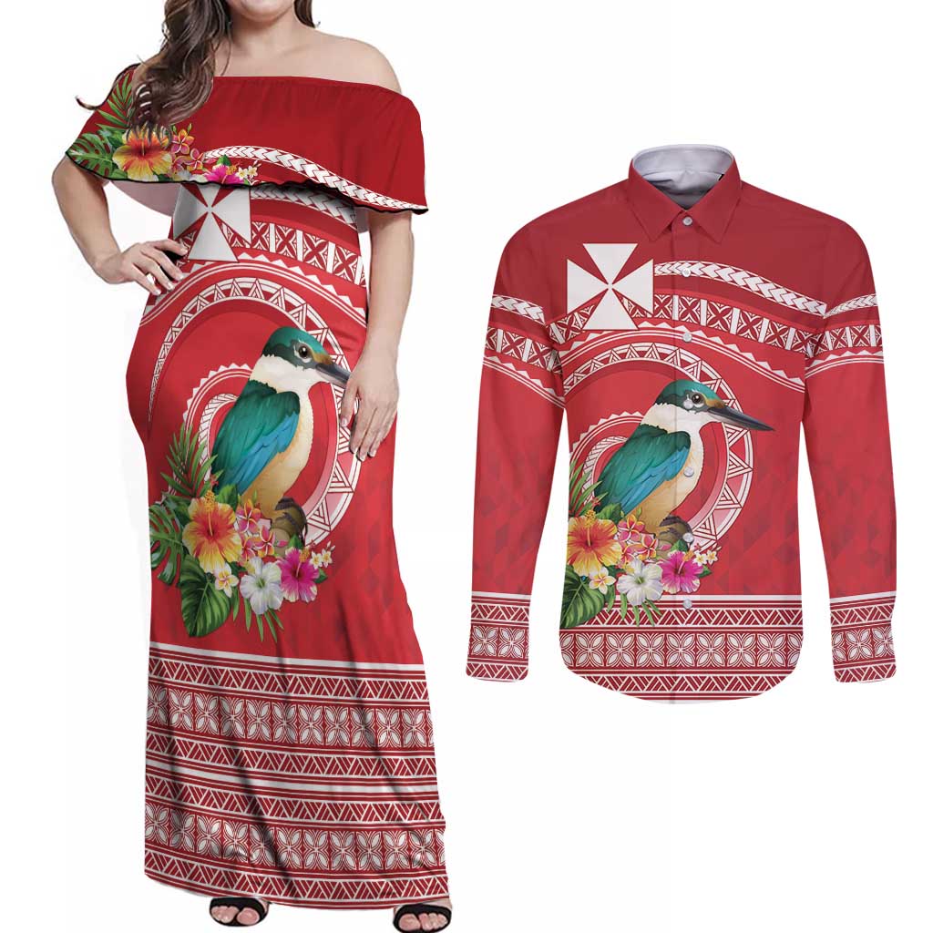 Wallis et Futuna Kingfisher Couples Matching Off Shoulder Maxi Dress and Long Sleeve Button Shirt Polynesian Tropical Flowers