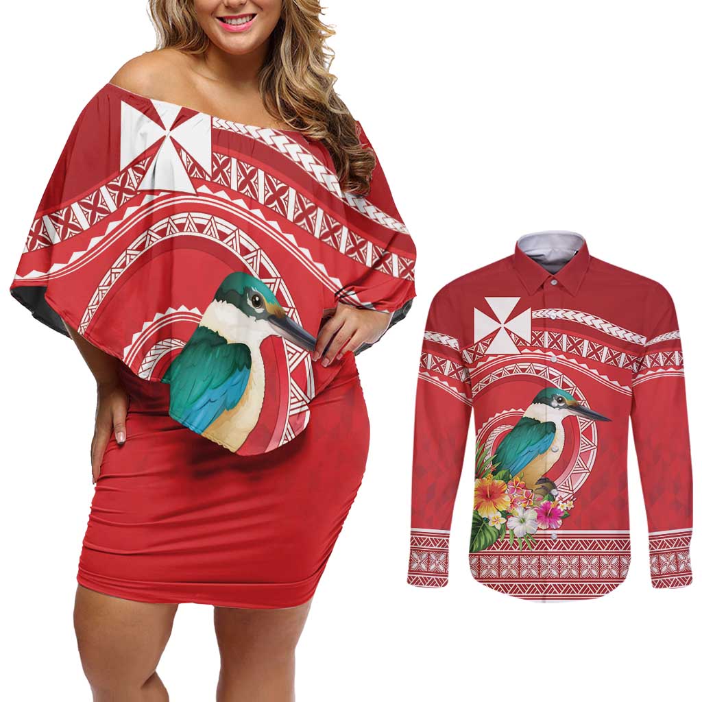 Wallis et Futuna Kingfisher Couples Matching Off Shoulder Short Dress and Long Sleeve Button Shirt Polynesian Tropical Flowers