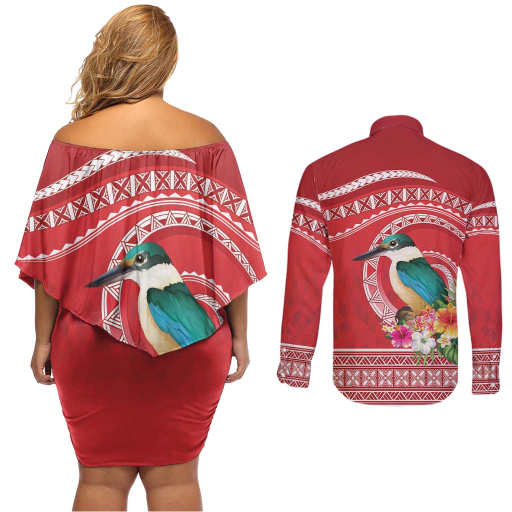 Wallis et Futuna Kingfisher Couples Matching Off Shoulder Short Dress and Long Sleeve Button Shirt Polynesian Tropical Flowers