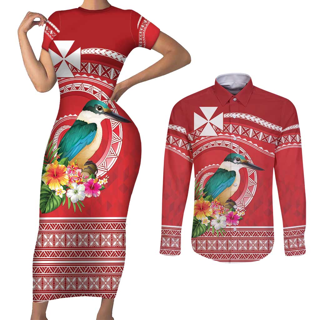 Wallis et Futuna Kingfisher Couples Matching Short Sleeve Bodycon Dress and Long Sleeve Button Shirt Polynesian Tropical Flowers