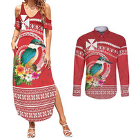 Wallis et Futuna Kingfisher Couples Matching Summer Maxi Dress and Long Sleeve Button Shirt Polynesian Tropical Flowers