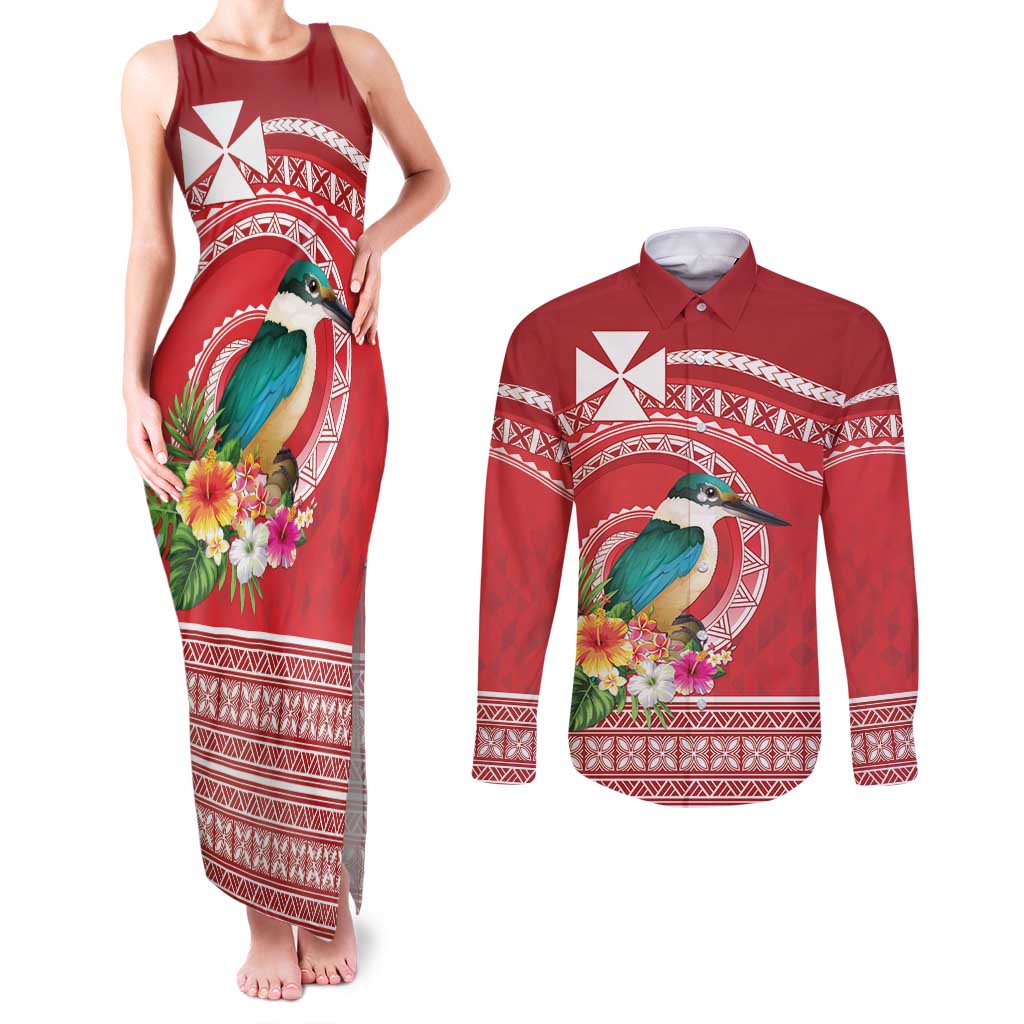 Wallis et Futuna Kingfisher Couples Matching Tank Maxi Dress and Long Sleeve Button Shirt Polynesian Tropical Flowers