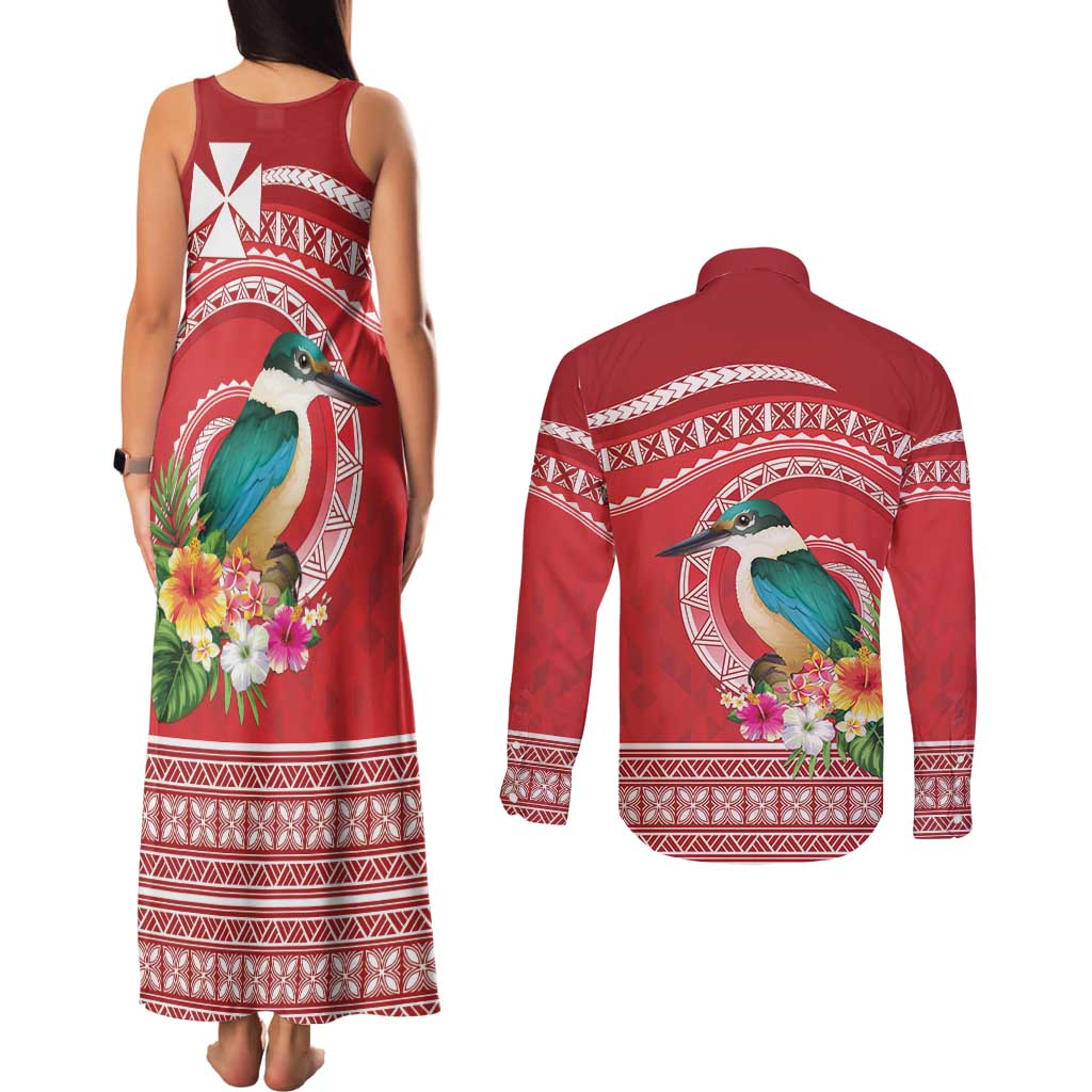 Wallis et Futuna Kingfisher Couples Matching Tank Maxi Dress and Long Sleeve Button Shirt Polynesian Tropical Flowers