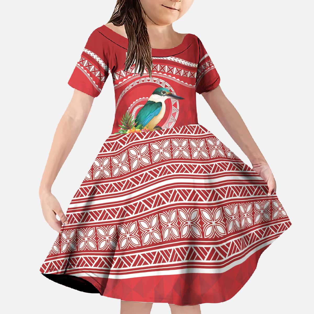 Wallis et Futuna Kingfisher Family Matching Off The Shoulder Long Sleeve Dress and Hawaiian Shirt Polynesian Tropical Flowers