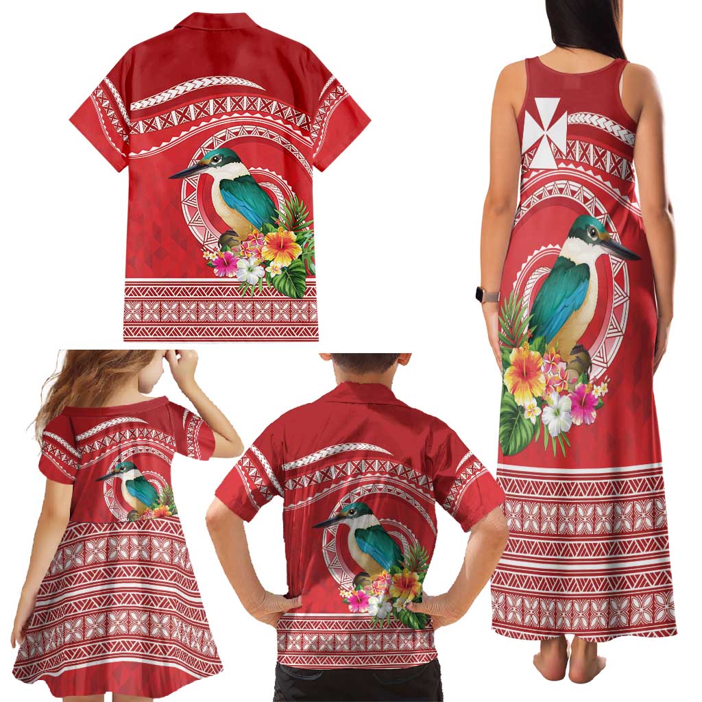 Wallis et Futuna Kingfisher Family Matching Tank Maxi Dress and Hawaiian Shirt Polynesian Tropical Flowers