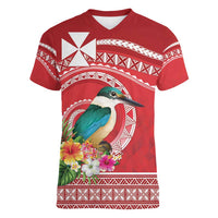 Wallis et Futuna Kingfisher Women V-Neck T-Shirt Polynesian Tropical Flowers LT9 Female Red - Polynesian Pride
