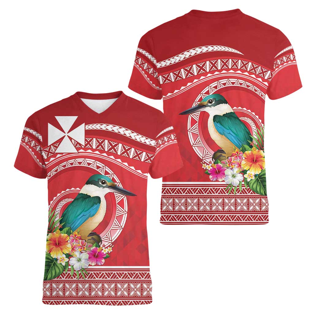 Wallis et Futuna Kingfisher Women V-Neck T-Shirt Polynesian Tropical Flowers LT9 - Polynesian Pride