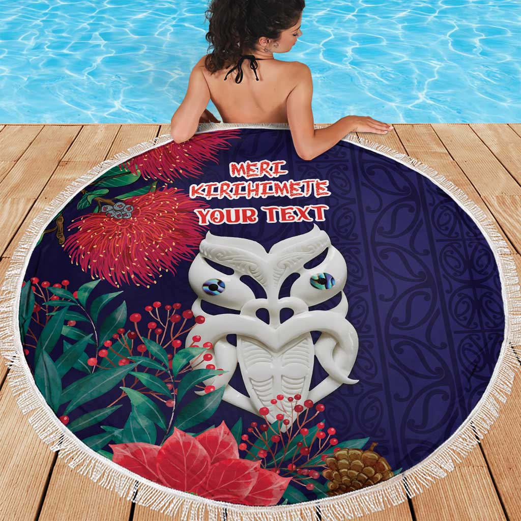 Maori Wheku Meri Kirihimete Personalised Beach Blanket All Blue Indigenous Maori Motif - Polynesian Pride
