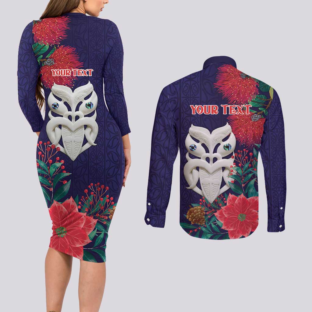 Maori Wheku Meri Kirihimete Personalised Couples Matching Long Sleeve Bodycon Dress and Long Sleeve Button Shirt All Blue Indigenous Maori Motif - Polynesian Pride