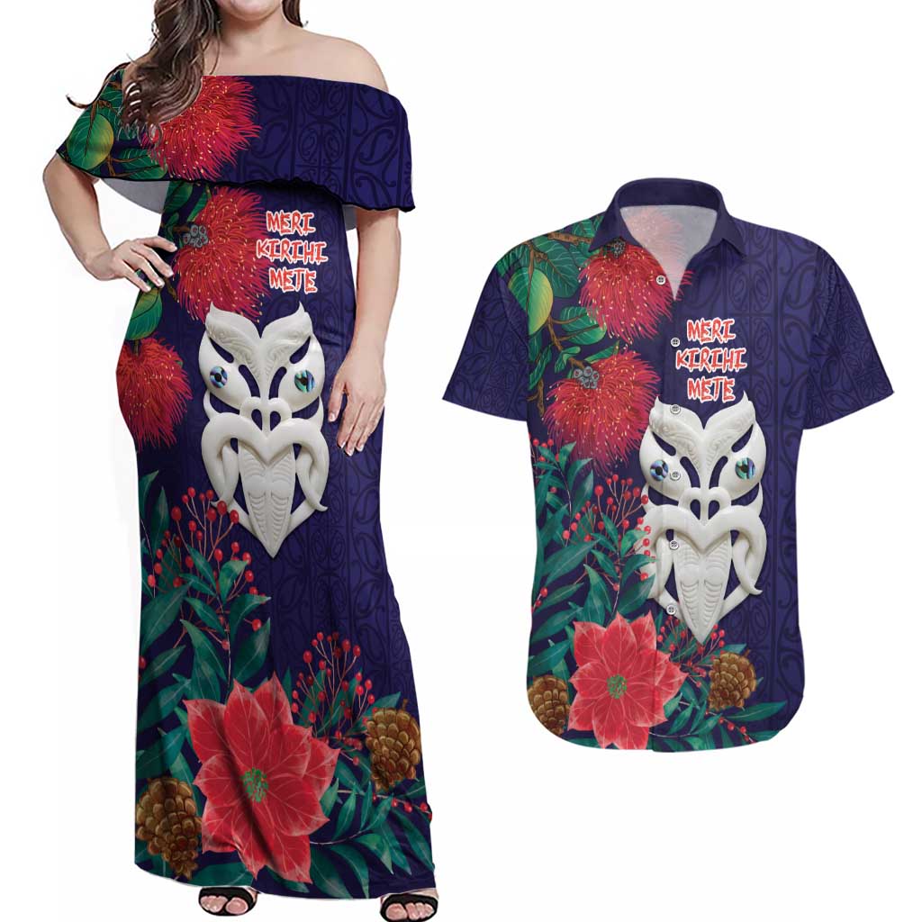 Maori Wheku Meri Kirihimete Personalised Couples Matching Off Shoulder Maxi Dress and Hawaiian Shirt All Blue Indigenous Maori Motif - Polynesian Pride
