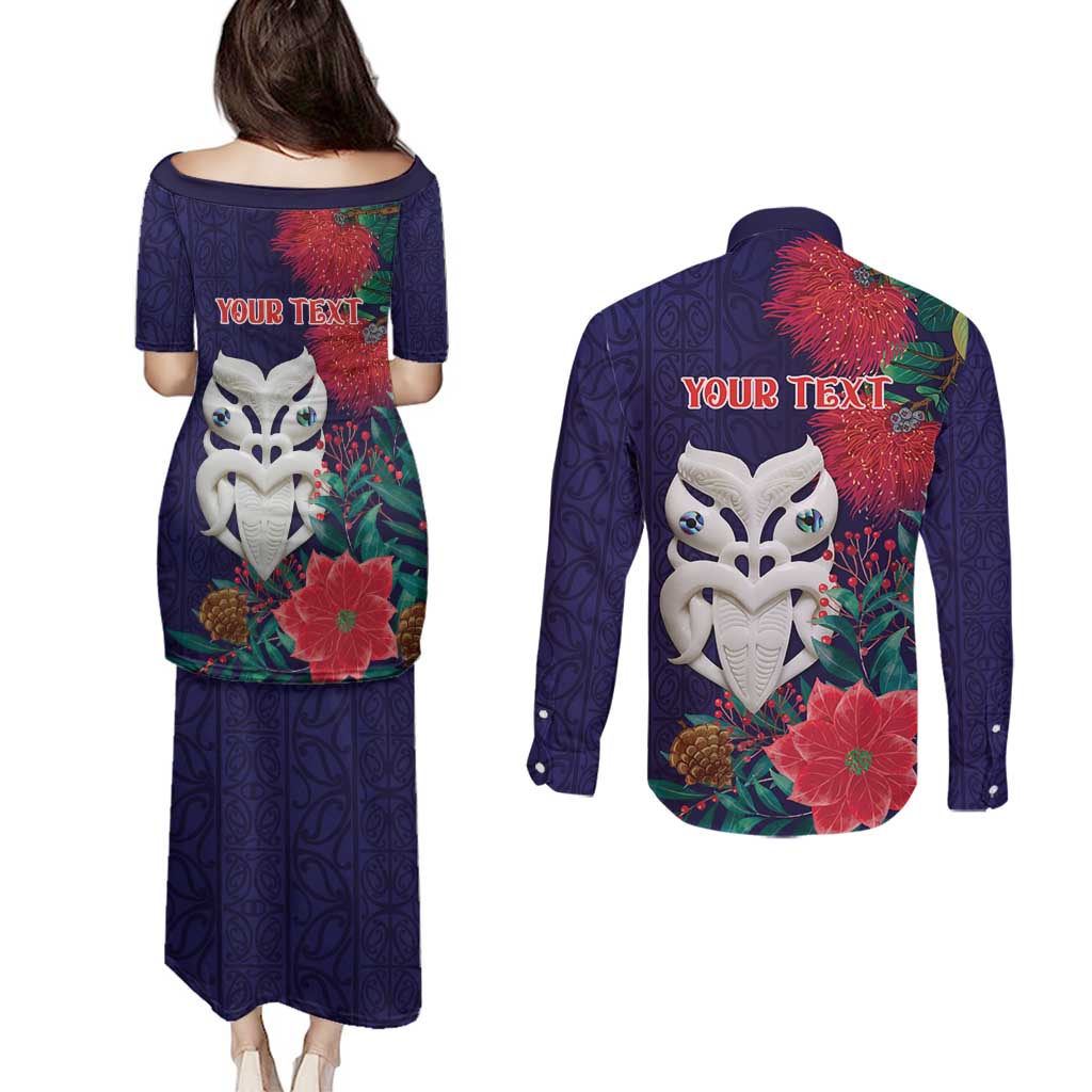 Maori Wheku Meri Kirihimete Personalised Couples Matching Puletasi and Long Sleeve Button Shirt All Blue Indigenous Maori Motif - Polynesian Pride
