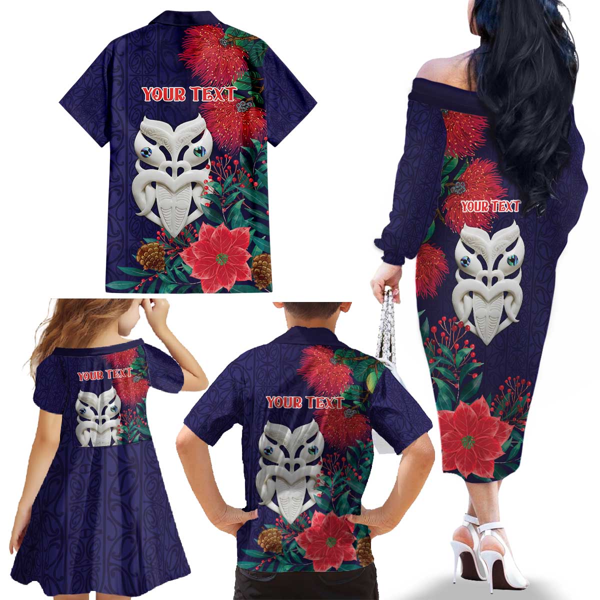 Maori Wheku Meri Kirihimete Personalised Family Matching Off The Shoulder Long Sleeve Dress and Hawaiian Shirt All Blue Indigenous Maori Motif - Polynesian Pride