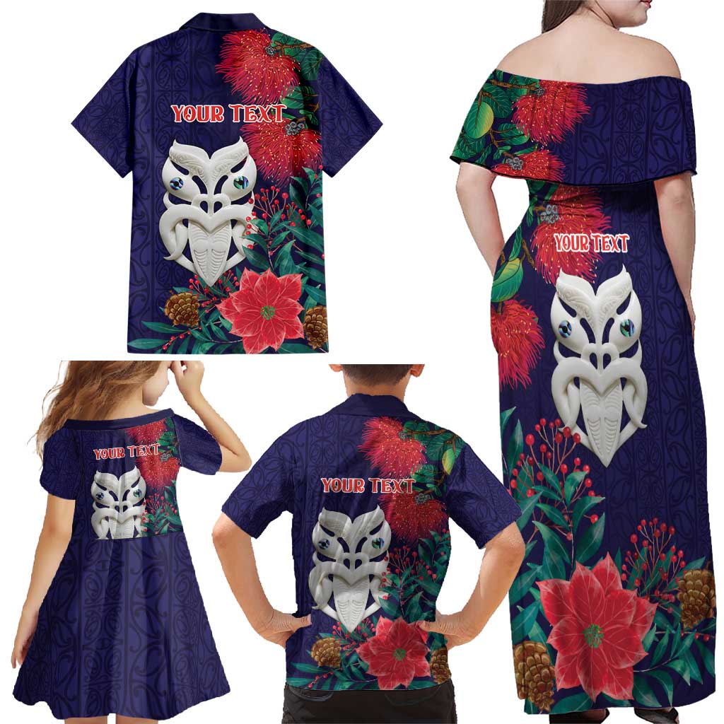 Maori Wheku Meri Kirihimete Personalised Family Matching Off Shoulder Maxi Dress and Hawaiian Shirt All Blue Indigenous Maori Motif - Polynesian Pride