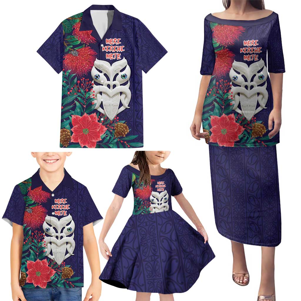Maori Wheku Meri Kirihimete Personalised Family Matching Puletasi and Hawaiian Shirt All Blue Indigenous Maori Motif - Polynesian Pride