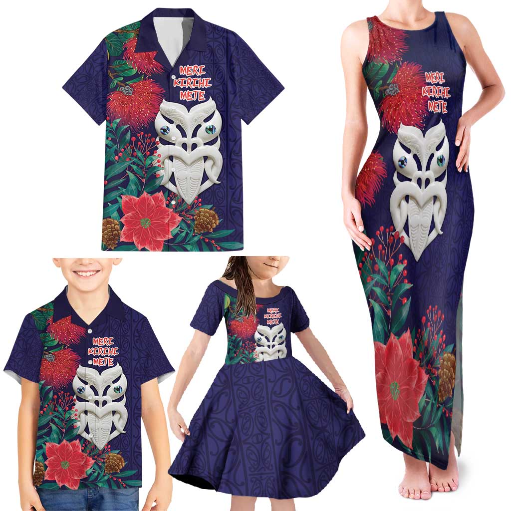 Maori Wheku Meri Kirihimete Personalised Family Matching Tank Maxi Dress and Hawaiian Shirt All Blue Indigenous Maori Motif - Polynesian Pride