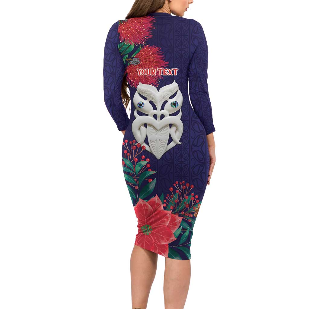 Maori Wheku Meri Kirihimete Personalised Long Sleeve Bodycon Dress All Blue Indigenous Maori Motif LT9 - Polynesian Pride