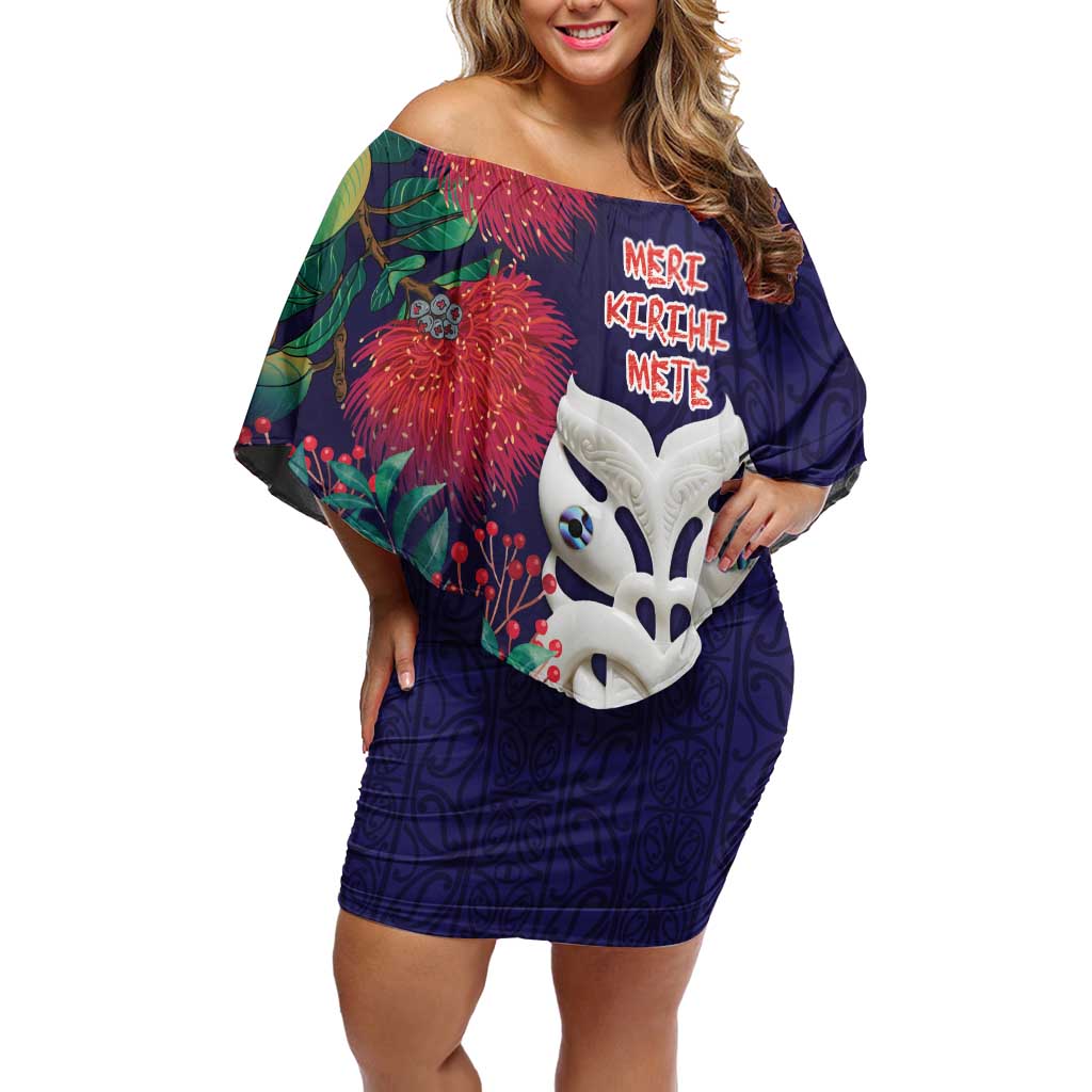 Maori Wheku Meri Kirihimete Personalised Off Shoulder Short Dress All Blue Indigenous Maori Motif - Polynesian Pride