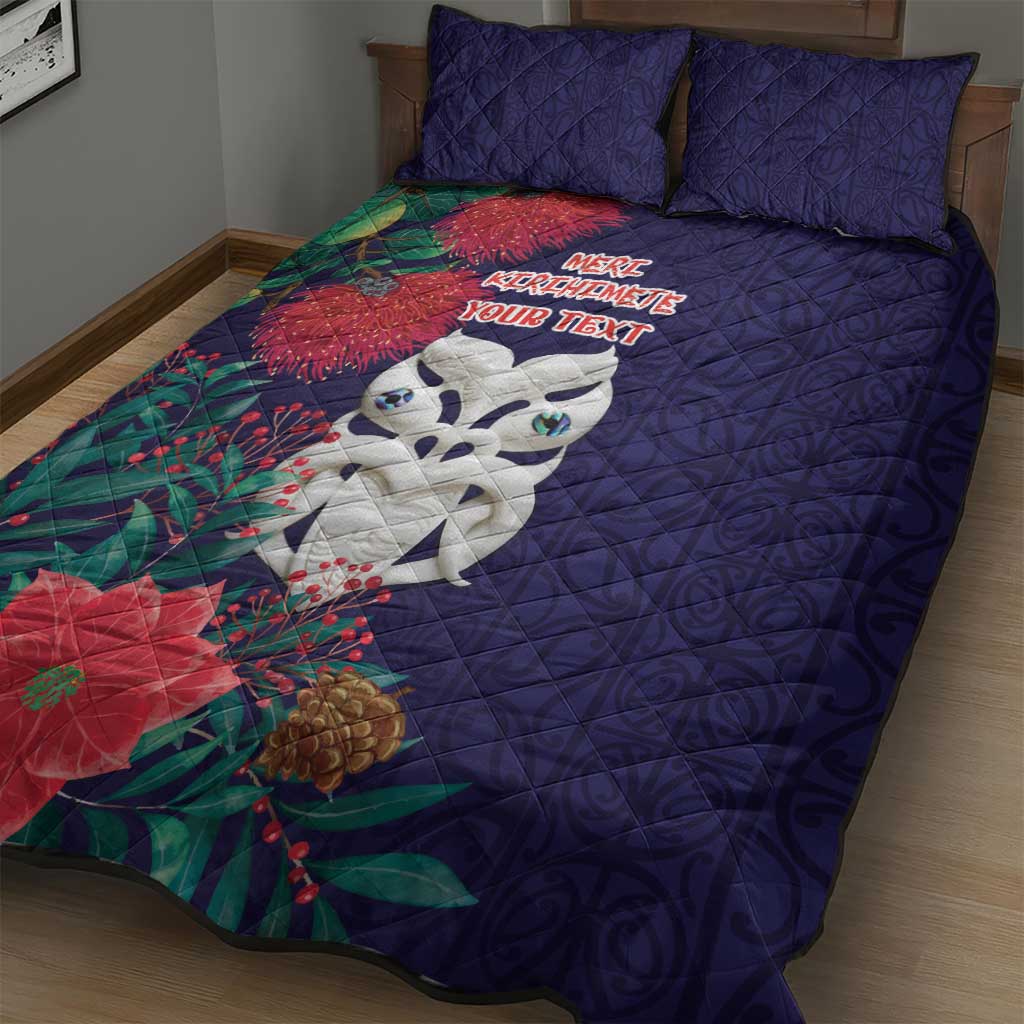 Maori Wheku Meri Kirihimete Personalised Quilt Bed Set All Blue Indigenous Maori Motif - Polynesian Pride
