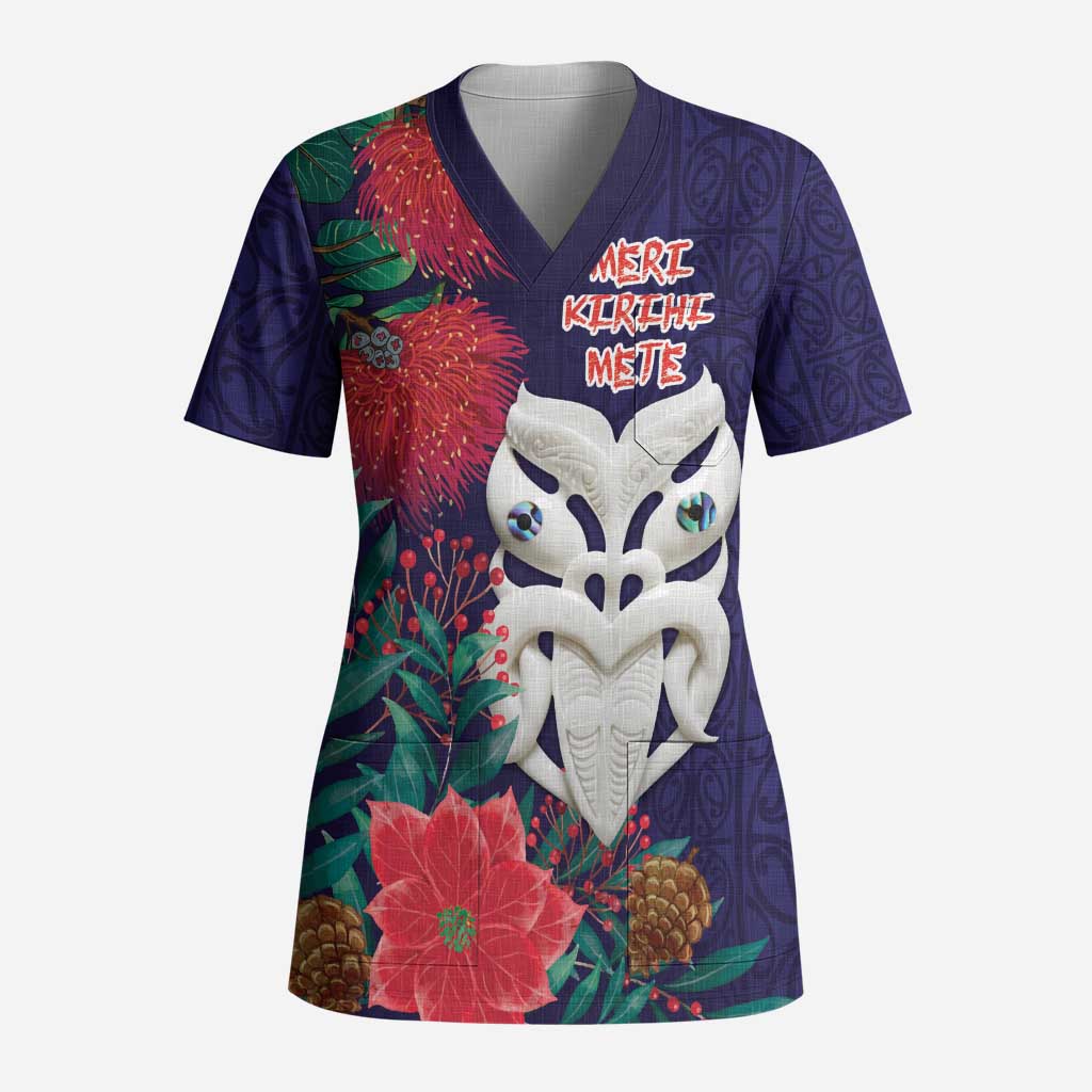 Maori Wheku Meri Kirihimete Personalised Scrub Top All Blue Indigenous Maori Motif - Polynesian Pride